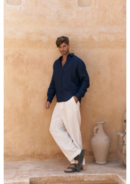 Agnola Oversize Erkek Lacivert Keten Gömlek