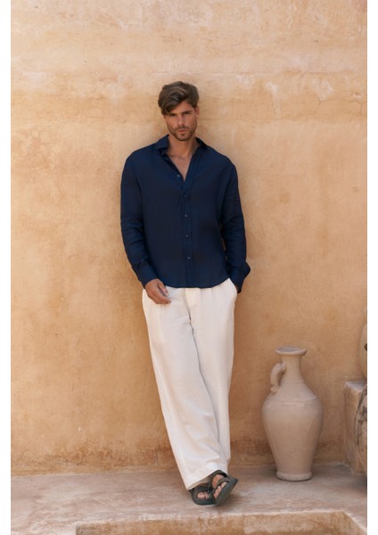 Agnola Oversize Erkek Lacivert Keten Gömlek fiyatları