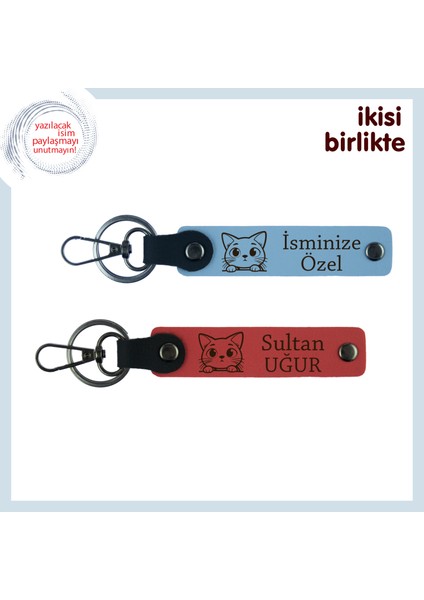 Ailenin Dördüncü Üyesine Anlamlı Hediye, Kedili Deri Anahtarlık Takımı, Gök Mavi-Nar Çiçeği