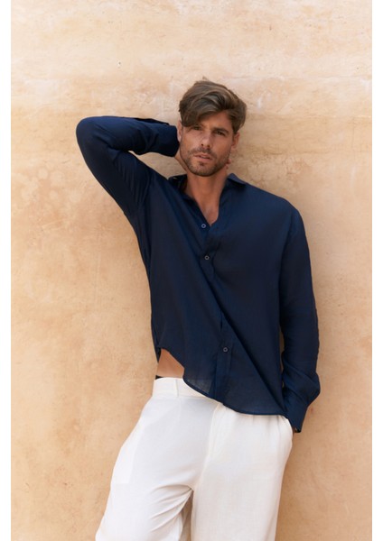 Agnola Oversize Erkek Lacivert Keten Gömlek modelleri