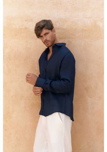 Agnola Oversize Erkek Lacivert Keten Gömlek fırsatları