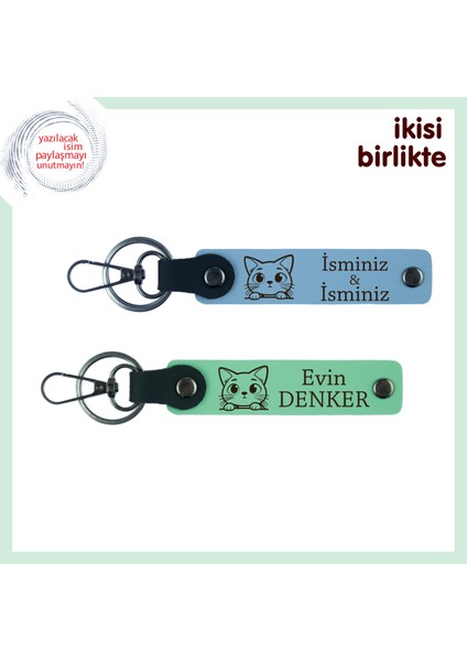 Minik Patili Aile Üyesine Özel Hediye, Kişiye Özel Kedili Anahtarlık Takımı, Gök Mavi-Açık Yeşil