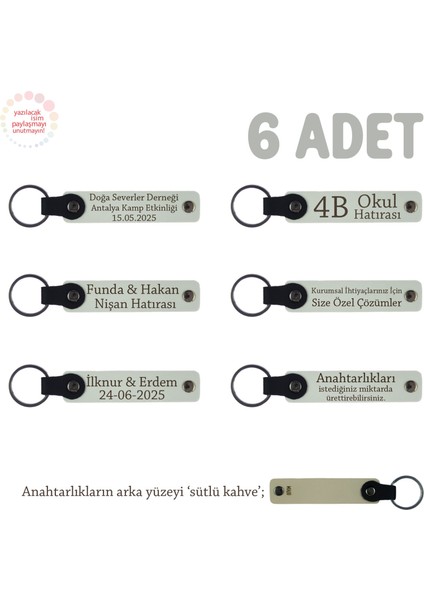 Nikah Törenlerinde Dağıtılmak Üzere, 6'lı Set, Isim Yazılı Hatıra Deri Anahtarlık, Beyaz & S Kahve