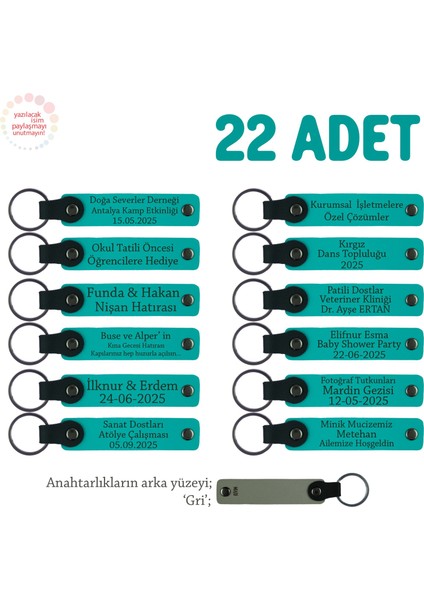 Anaokulu Anısı Için Üzerinde Isim Yazılı Anahtarlık 22’li Set, Miniklere Hediye, Koyu Turkuaz & Gri