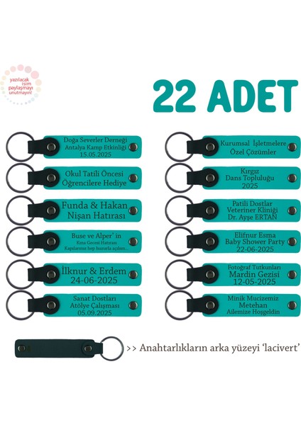 Sosyal Bilim Proje Görevlilerine, 22'li Set, Kişiye Özel Yazılı Deri Anahtarlık, Koyu Turkuaz & Laci