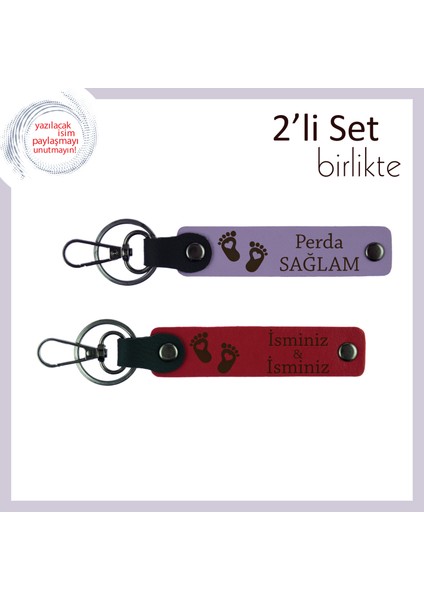 Doğumdan Sonra Aileye Verilebilecek En Anlamlı Hediye, Kalpli Ayak Motifli Anahtarlık, Lila-Kırmızı