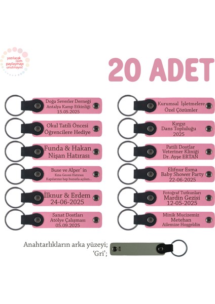 Pembe & Gri, Öğretmene El Emeği Gibi Değerli, 20'li Set, Kişiye Özel Yazılı Deri Anahtarlık