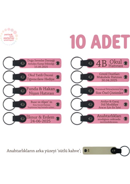 Pembe & S Kahve, Kına Gecesi Katılımcılarına, 10'lu Set, Isimli Hediyelik Deri Hatıra Anahtarlığı