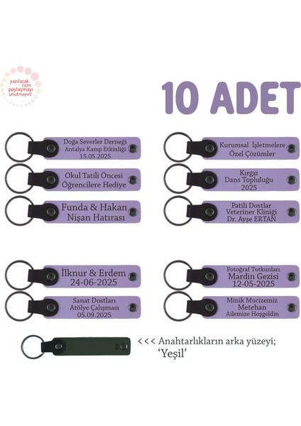 Turnuvalar Için Üzerine Isim ve Özel Mesaj Yazılabilen, 10'lu Anahtarlık Set, Mor Menekşe & Yeşil