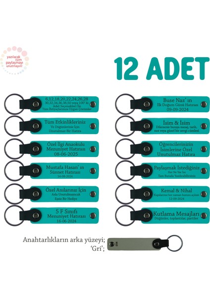 Arkadaşlar Arasında Özel Hediyeleşme, 12'li Set, Kişisel Mesajlı Deri Anahtarlık, Koyu Turkuaz & Gri