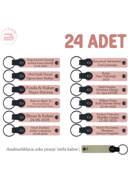 Tüm Özel Kutlamalar Için Hediye Anahtarlık 24'lü Set, Isim ve Mesaj Yazılabilir, Pudra & Sütlü Kahve