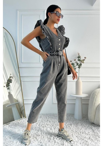 Kadın Fırfır Detaylı Kolsuz Mom Kalıp Denim Tulum modelleri