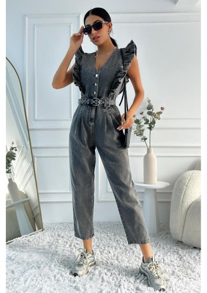 Kadın Fırfır Detaylı Kolsuz Mom Kalıp Denim Tulum fırsatları