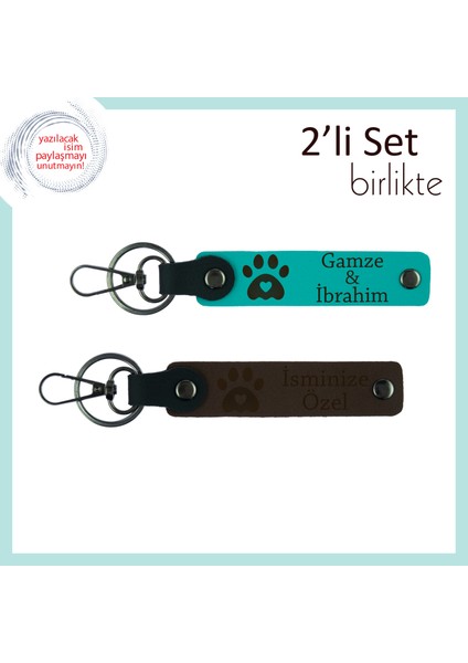 Evcil Hayvan Sahiplerine Uygun Deri Tasarım, Kalpli Pati Motifli Anahtarlık Set, K Turkuaz-K Kahve