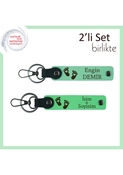 Kız Bebeğe Özel Renkli Hediye, Kalpli Bebek Ayağı Desenli Anahtarlık Seti, Açık Yeşil-Fıstık Yeşil