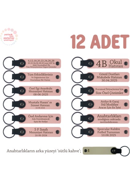 Şirket Etkinliklerinde Hediyelik, 12'li Set, Isim Yazılı Deri Anahtarlık, Pudra & Sütlü Kahve