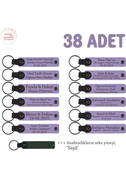 Özel Kulüpler ve Spor Müsabakaları Için Isim Yazılı Anahtarlık 38’li Set, Mor Menekşe & Yeşil