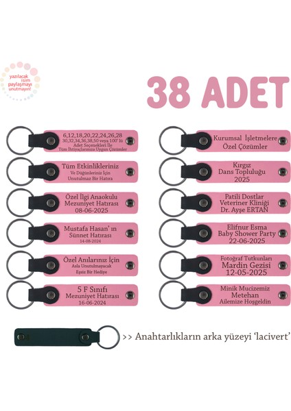 Pembe & Laci, Davete Katılanlara Hediye Edilecek, 38'li Set, Üzerine Isim Yazılan Deri Anahtarlık