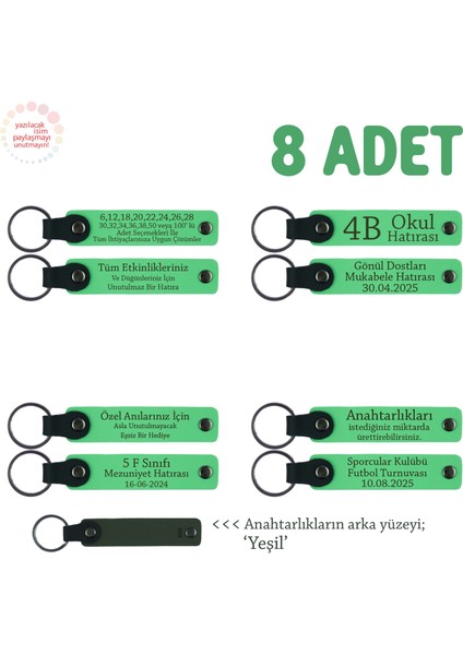 Komşulara Ramazan Ayı Hatırası Olarak, 8'li Set, Kişiye Özel Yazılı Deri Anahtarlık, F Yeşil & Yeşil