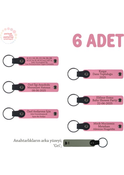 Pembe & Gri, Öğretmene Veda Partisi Hatırası, 6'lı Set, Öğrenci Isimli Kişisel Deri Anahtarlık