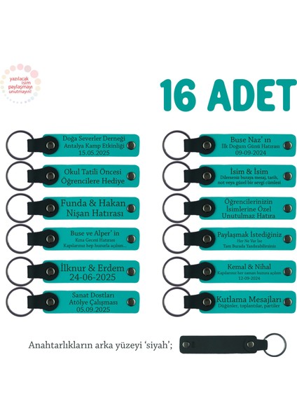 Kıymetli Öğretmenlere Hatıra, 16'lı Set, Üzerine Isim Yazılabilen Deri Anahtarlık, K Turkuaz & Siyah