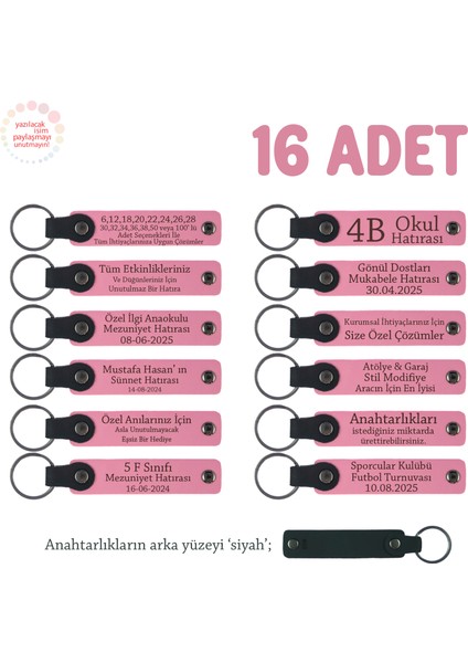 Pembe & Siyah, Anaokulu Yıl Sonu Hediyesi, 16'lı Set, Öğrenci Ismi Yazılı Öğretmene Özel Anahtarlık