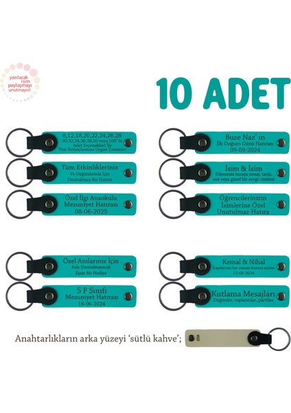 Anneler Günü Için Isim Yazılı Hatıra Anahtarlık 10’lu Set, Koyu Turkuaz & Sütlü Kahve