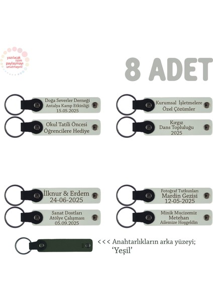 Resim Atölyesi Katılımcılarına Anlamlı Hediye 8'li Set Üzerine Isim Yazılı Anahtarlık, Beyaz & Yeşil