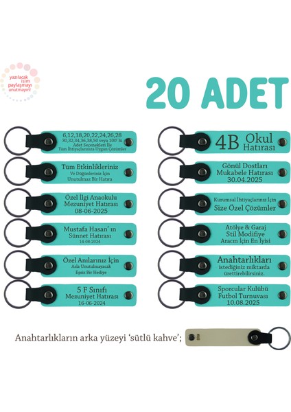 Robotik Kodlama Eğitimine Katılanlara, 20'li Set, Kişisel Yazılı Deri Anahtarlık, Turkuaz & S Kahve