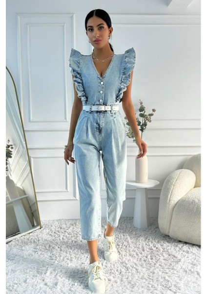 Kadın Fırfır Detaylı Kolsuz Mom Kalıp Denim Tulum
