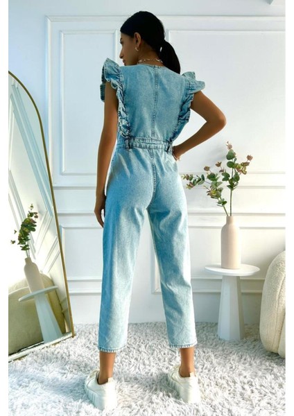Kadın Fırfır Detaylı Kolsuz Mom Kalıp Denim Tulum fiyatları