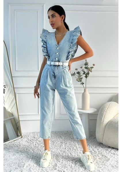 Kadın Fırfır Detaylı Kolsuz Mom Kalıp Denim Tulum modelleri