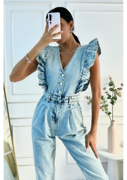 Kadın Fırfır Detaylı Kolsuz Mom Kalıp Denim Tulum fırsatları