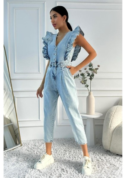 Kadın Fırfır Detaylı Kolsuz Mom Kalıp Denim Tulum indirimleri