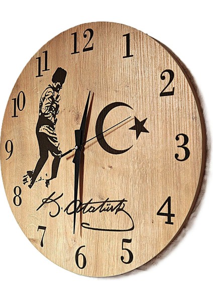 Bej Ahşap Desenli Lazer Işlemeli Atatürk Saat 44CM modelleri