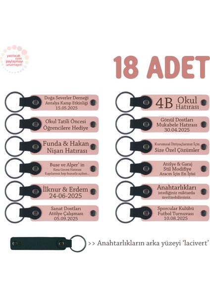 Kamp Arkadaşlarına Anı Olarak, 18'li Set, Kişisel Mesajlı Deri Anahtarlık, Pudra & Lacivert