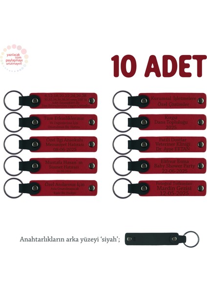 Yaratıcılık Atölyesi Mezunlarına Özel, 10'lu Set, Isim Yazılı Deri Anahtarlık, Kırmızı & Siyah