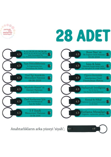 Okul Rehberlik Birimine Özel, 28'li Set, Kişiye Özgü Yazılı Deri Hatıra Anahtarlık, K Turkuaz & Syh