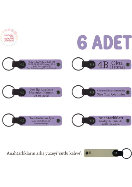 Evlilik Yıldönümü Hediyesi, Isme Özel, 6'lı Hatıra Deri Anahtarlık Set, Mor Menekşe & Sütlü Kahve