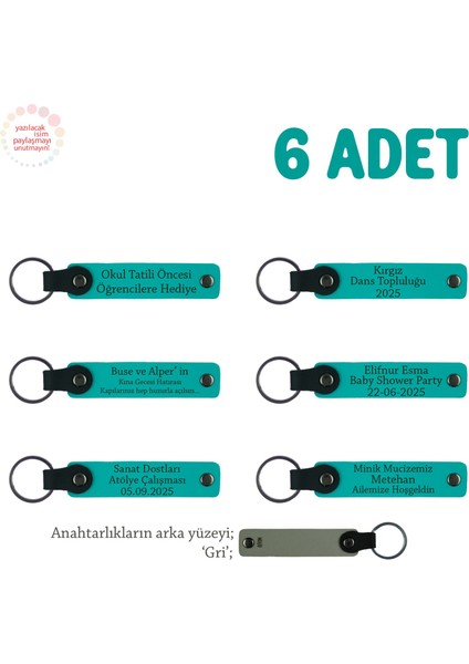 Doğa Yürüyüşü Ekibine Hatıra Olarak 6'lı Set, Kişiye Özel Yazılı Deri Anahtarlık, Koyu Turkuaz & Gri