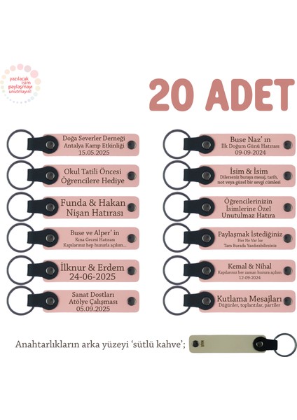 Özel Kutlamalarınız Için Anı, 20'li Set, Kişiye Özel Isim Yazılı Deri Anahtarlık, Pudra & S Kahve