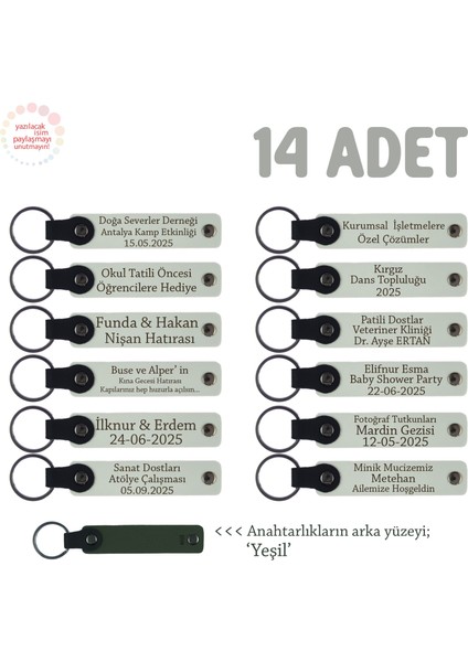 Kurs Bitimi Anısına, 14'lü Set, Eğitmen ve Katılımcı Isimli Deri Hatıra Anahtarlık, Beyaz & Yeşil