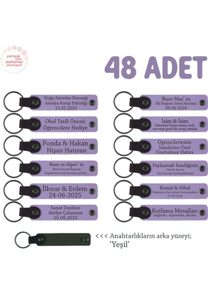 Babyshower Partilerine Özel Hediyelik Anahtarlık 48'li Set, Bebek Ismi Yazılı, Mor Menekşe & Yeşil