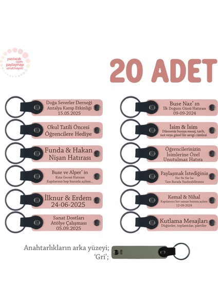Öğrencilere Özel Dönem Sonu Hatırası, Isim Yazılabilen Anahtarlık 20' Li Set, Pudra & Gri
