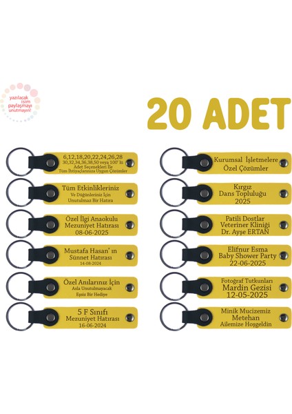 Sarı, Anneden Çocuklarına Sürpriz Anı, 20’li Set, Kişisel Mesaj Yazılabilen Deri Anahtarlık
