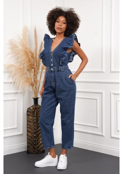 Kadın Fırfır Detaylı Kolsuz Mom Kalıp Denim Tulum fırsatları