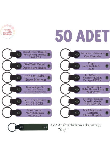Sünnet Töreni Için Isim Yazılabilen Anı & Hatıra Anahtarlıkları 50’li Set, Mor Menekşe & Yeşil