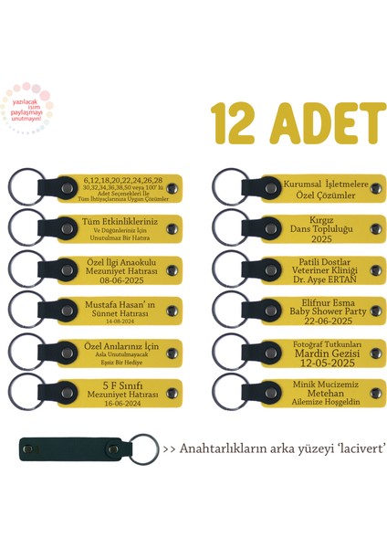 Sarı & Lacivert, Teyze, Dayı ve Kuzenlere Sürpriz Hediyelik, 12’li Set, Kişiye Özel Deri Anahtarlık