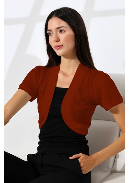 Puzi Kadın Penye Oval Etek Ajur Desenli Kısa Kollu Omuzları Büzgülü Kısa Hırka & Bolero -