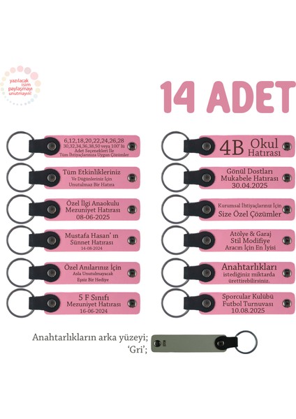 Pembe & Gri, Sınıf Annelerinden Öğretmene Hatıra, 14'lü Set, Kişiselleştirilebilir Deri Anahtarlık